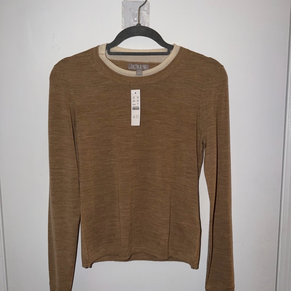 J. Crew Long Sleeve Crewneck Top in Camel with Contrast Trim